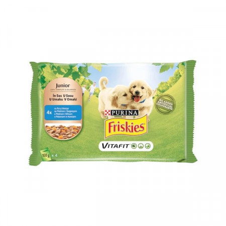 Friskies Pachet Hrana Umeda pentru Caini Junior cu Pui si Morcovi in Sos 4 x 100g