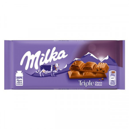 Milka Ciocolata Triple cu Lapte Alpin cu Bucatele de Biscuiti cu Cacao Crema cu Cacao si Crema Lichida cu Cacao 90g