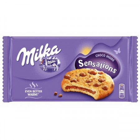 Milka Cookies Sensation Fursecuri cu Cacao si cu Bucatele de Ciocolata cu Lapte Alpin si Crema cu Ciocolata cu Lapte 156g