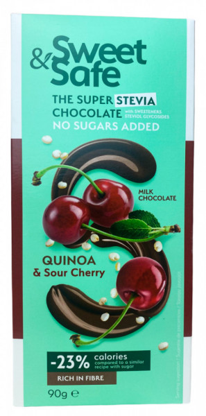 Sweet&Safe Ciocolata cu Lapte cu Quinoa si Visine fara Zaharuri adaugate cu Indulcitor 90g