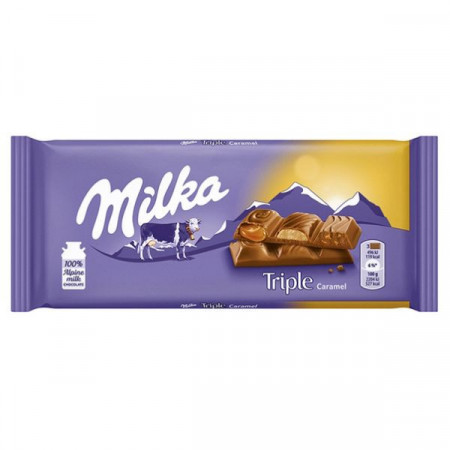 Milka Ciocolata Triple cu Lapte cu Bucatele Crocante de Migdale Caramelizate si umpluta cu Crema de Lapte cu Aroma de Caramel 90g