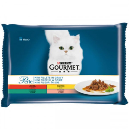 Purina Gourmet Hrana Umeda pentru Pisici Perle cu Carne de Vita Pui Iepure Somon 4buc x 85g
