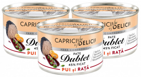 Capricii si Delicii Pate Dublet cu Pui si Rata 45% Ficat 3 buc x 145g