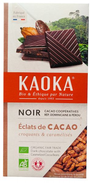 Kaoka Ciocolata Neagra cu Bucati de Boabe de Cacao Caramelizate Eco 100g
