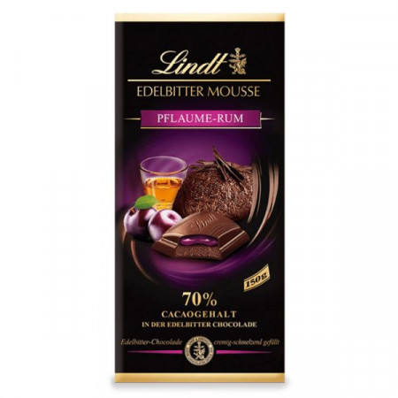 Lindt Ciocolata Amaruie 70% cu Mousse de Ciocolata si Crema de Prune-Rom 150g