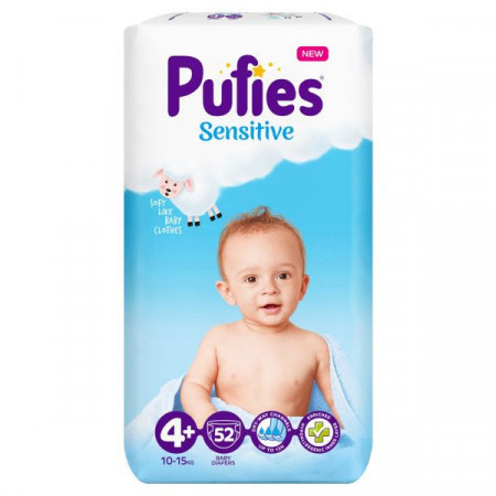 Pufies Sensitive Marimea 4+ Scutece pentru Copii 10-15kg 52bucati