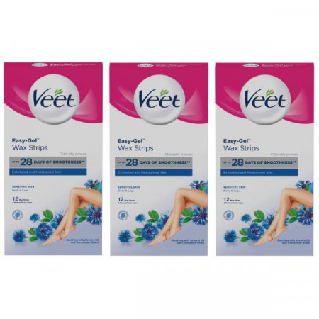 Veet Easy Gel Benzi Depilatoare cu Ceara pentru Piele Sensibila 3bucati x 12benzi 2+1 Gratis