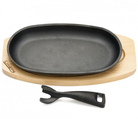 Heinner Platou Servire Oval din Fonta Pura cu Maner Detasabil si Baza din Lemn 24x14cm