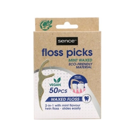 Sence Ata Dentara Dubla cu Scobitoare 2 in 1, 50 buc – Vegan, Aroma Menta