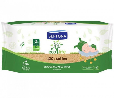 Septona Eco Life Servetele Biodegradabile pentru Bebelusi cu Bumbac 60 buc