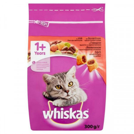 Whiskas Hrana Uscata pentru Pisici Adulte 1+ cu Carne de Vita 300g