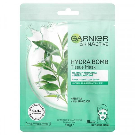 Garnier Hydra Bomb Masca Servetel pentru Super Hidratare Reimprospatare si Purificare cu Extract de Ceai Verde 28g