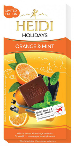 Heidi Holidays Orange & Mint Ciocolata cu Lapte cu Coaja de Portocala Confiata si Menta 80g