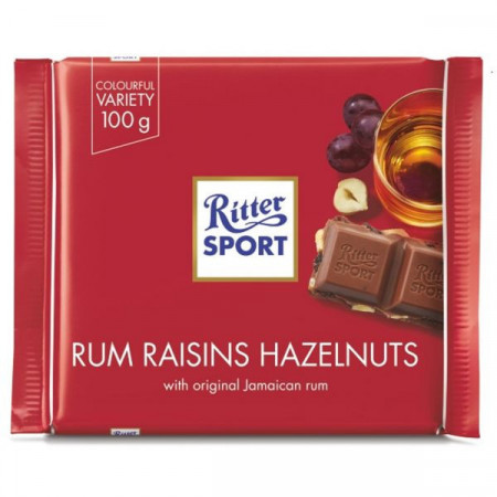 Ritter Ciocolata cu Lapte Stafide Rom si Alune de Padure 100g