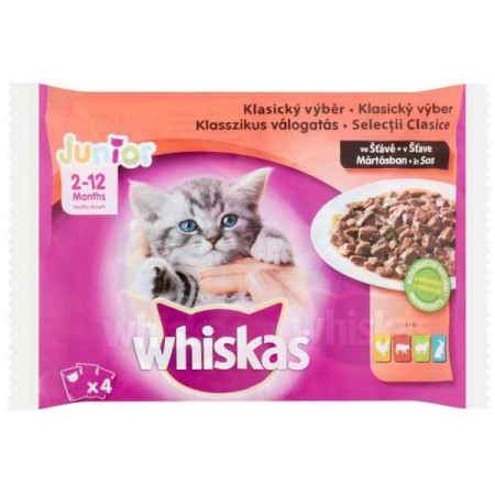 Whiskas Junior Hrana Umeda pentru Pisici 2-12 Luni Pachet Selectii Clasice in Sos 4buc x 100g