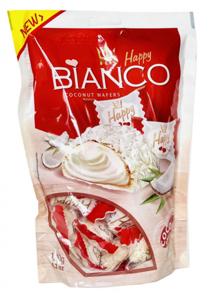 Flis Happy Bianco Napolitane cu Umplutura de Cocosin Strat Alb Presarate cu Nuca de Cocos Deshidratata 120g