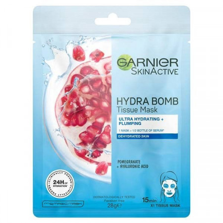Garnier Hydra Bomb Masca Servetel pentru Super Hidratare si Reumplere cu Extract de Rodie 28g