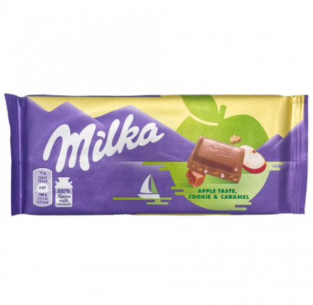 Milka Ciocolata cu Lapte Alpin cu Bucatele de Turta Dulce Bucatele de Migdale Caramelizate si Preparat cu Mere 90g