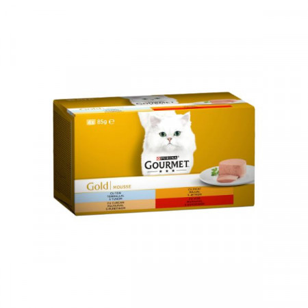 Purina Gourmet Pachet Hrana Umeda pentru Pisici Pate Mousse cu Carne de Vita Curcan Ficat si Ton 4buc x 85g