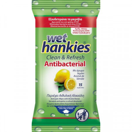 Wet Hankies Clean & Refresh Servetele Umede Antibacterial cu Parfum de Lamaie 15bucati