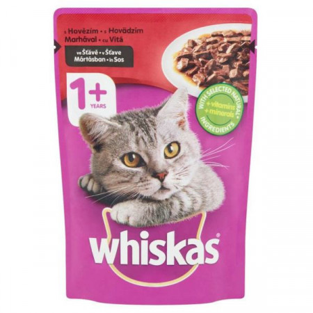 Whiskas Hrana Umeda pentru Pisici Adulte 1+ cu Carne de Vita in Sos 85g