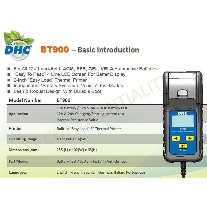 DHC BT900 digital car battery tester with printer