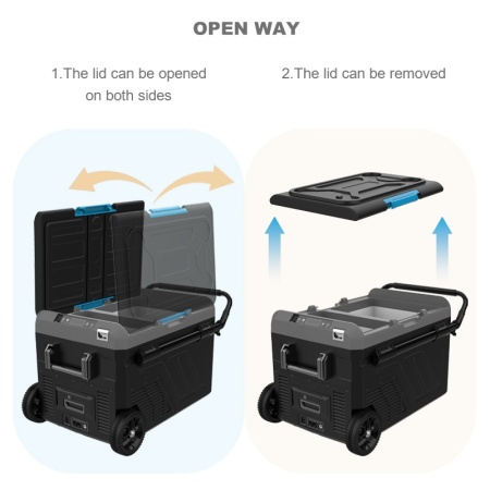 Schita cu modalitatile de deschidere la frigiderul auto smart Foton 40L-B2W dual zone -20°C 12/24/220V.