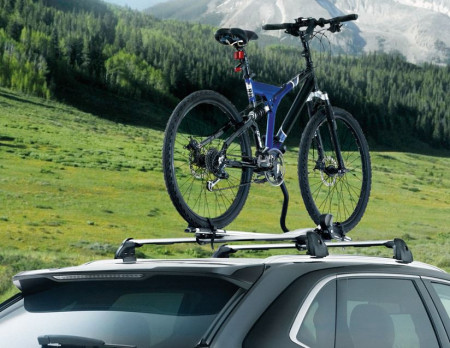 Suport pentru bicicletă Thule Expert 298 ținând strâns și sigur o bicicletă pe plafonul mașinii într-o drumeție