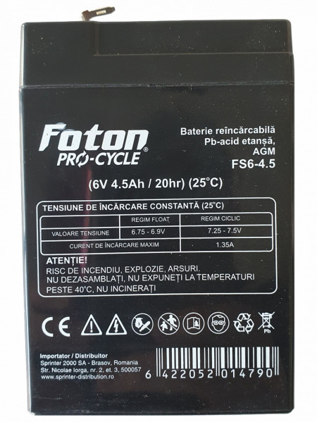 Acumulator VRLA Foton FS6-4.5 de 6V și 4.5Ah