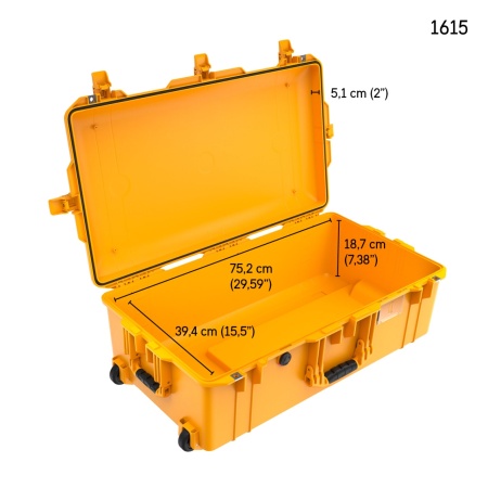 Troler si valiza de protectie Peli 1615 Air Case galben cu dimensiuni