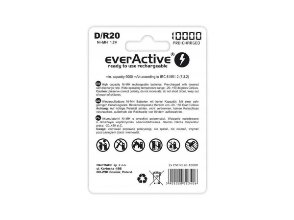 Set 2 Acumulatori everActive D 1.2V 10000mAh NiMH RTU în blister