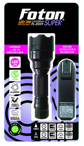 Lanternă reîncărcabilă Foton Super Z059 cu LED de 3W