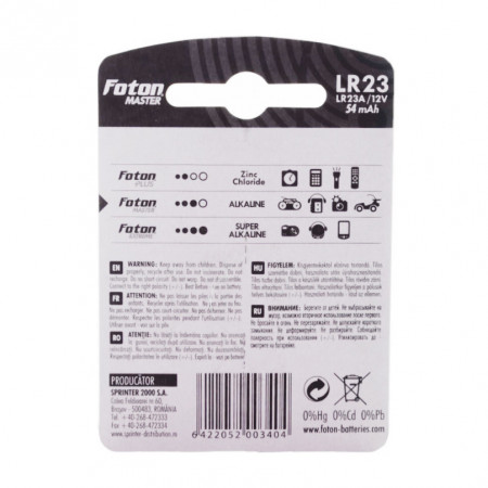 Blister spate la baterie alcalină Foton Master LR23A de 12V