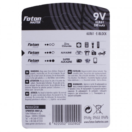 Baterie alcalină Foton Master LR22 (6LR61) de 9V
