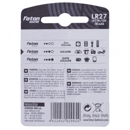 Blister spate la baterie alcalină Foton Master LR27A de 12V