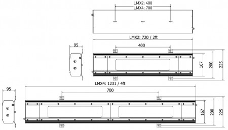 Schiță cu dimensiuni la corp de iluminat Wolf LMX Linear ATEX Z1