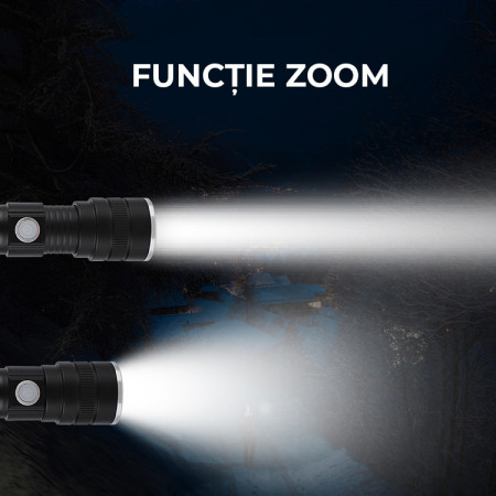 Funcția zoom la o lanternă Foton Super 1349 USB cu zoom, led 10W