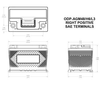 Schiță la baterie auto off-road AGM Odyssey ODP-AGM48/L3 12V 70Ah 760A