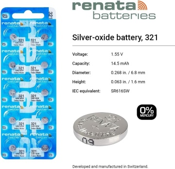 Set de 10 baterii de ceas Renata 321 SR616SW cu Oxid de Argint șo tabel cu detalii