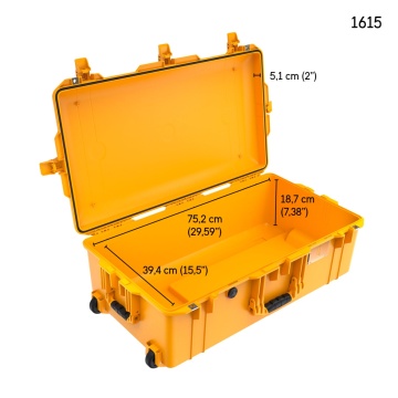 Troler si valiza de protectie Peli 1615 Air Case galben cu dimensiuni