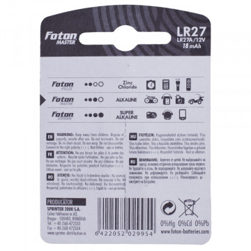 Blister spate la baterie alcalină Foton Master LR27A de 12V