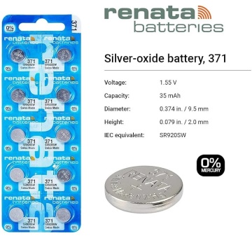 Set de 10 baterii de ceas Renata 371 AG6 cu oxid de Argint în blister și specificații