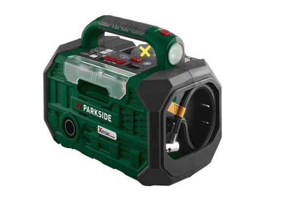 Compresor si pompa de aer pe acumulator de 20V Parkside, fara acumulator si incarcator, iluminare cu led si intrerupator separat pentru pornire si oprire