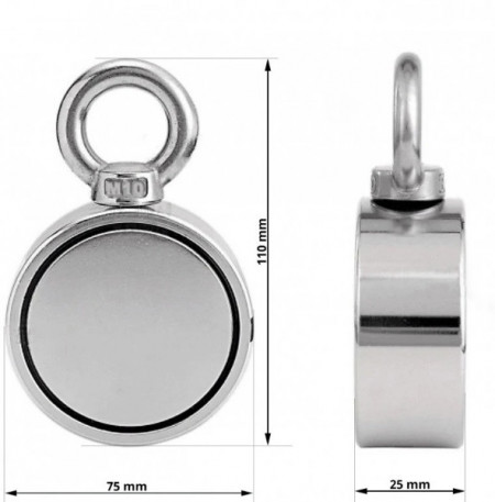 Magnet neodim oală D75 mm cu două cârlige inelare și două fețe x 160 kg - magnet fishing - Img 4