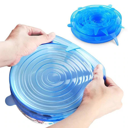 Set 6 Capace Albastre si flexibile din silicon pentru vase/recipiente, castron, bol, pahar, borcan, inlocuitor de folie strech alimentaraSet 6 Capace Albastre si flexibile din silicon pentru vase/recipiente, castron, bol, pahar, borcan, inlocuitor de foli