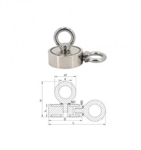 Magnet neodim oală D75 mm cu două cârlige inelare și două fețe x 160 kg - magnet fishing - Img 5