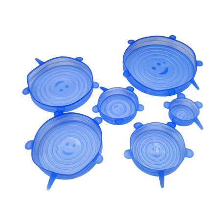 Set 6 Capace Albastre si flexibile din silicon pentru vase/recipiente, castron, bol, pahar, borcan, inlocuitor de folie strech alimentara