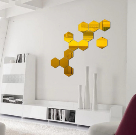 Set Oglinzi Design Hexagon Gold - Oglinzi Decorative Acrilice Cristal - Diamant - Luxury Home 10 bucati/set