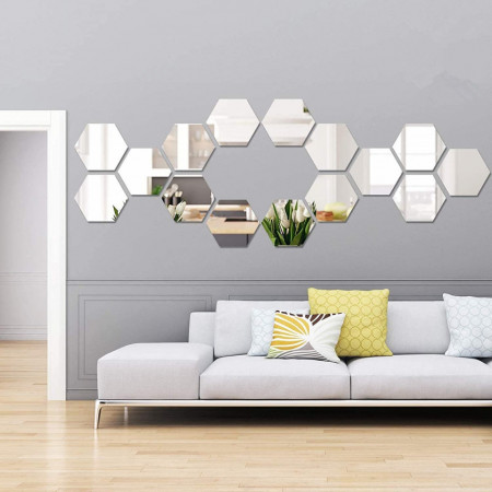 Set Oglinzi Design Hexagon Silver - Oglinzi Decorative Acrilice Cristal - Diamant - Luxury Home 10 bucati/set