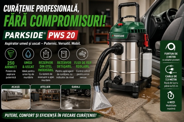 Aspirator puternic cu spalare, PARKSIDE 20L, 1600W – curatare completa umed &amp; uscat